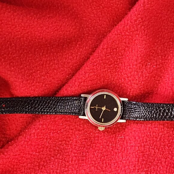 SKC Black Gold Tone Genuine Leather Embossed Strap Diamond Quartz SS Back Watch - Picture 6 of 16